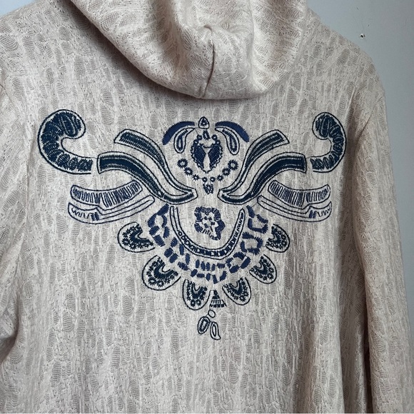 Orange Creek Cream & Blue Embroidered Bohemian Long Cardigan Hoodie One Size EUC - Picture 4 of 8